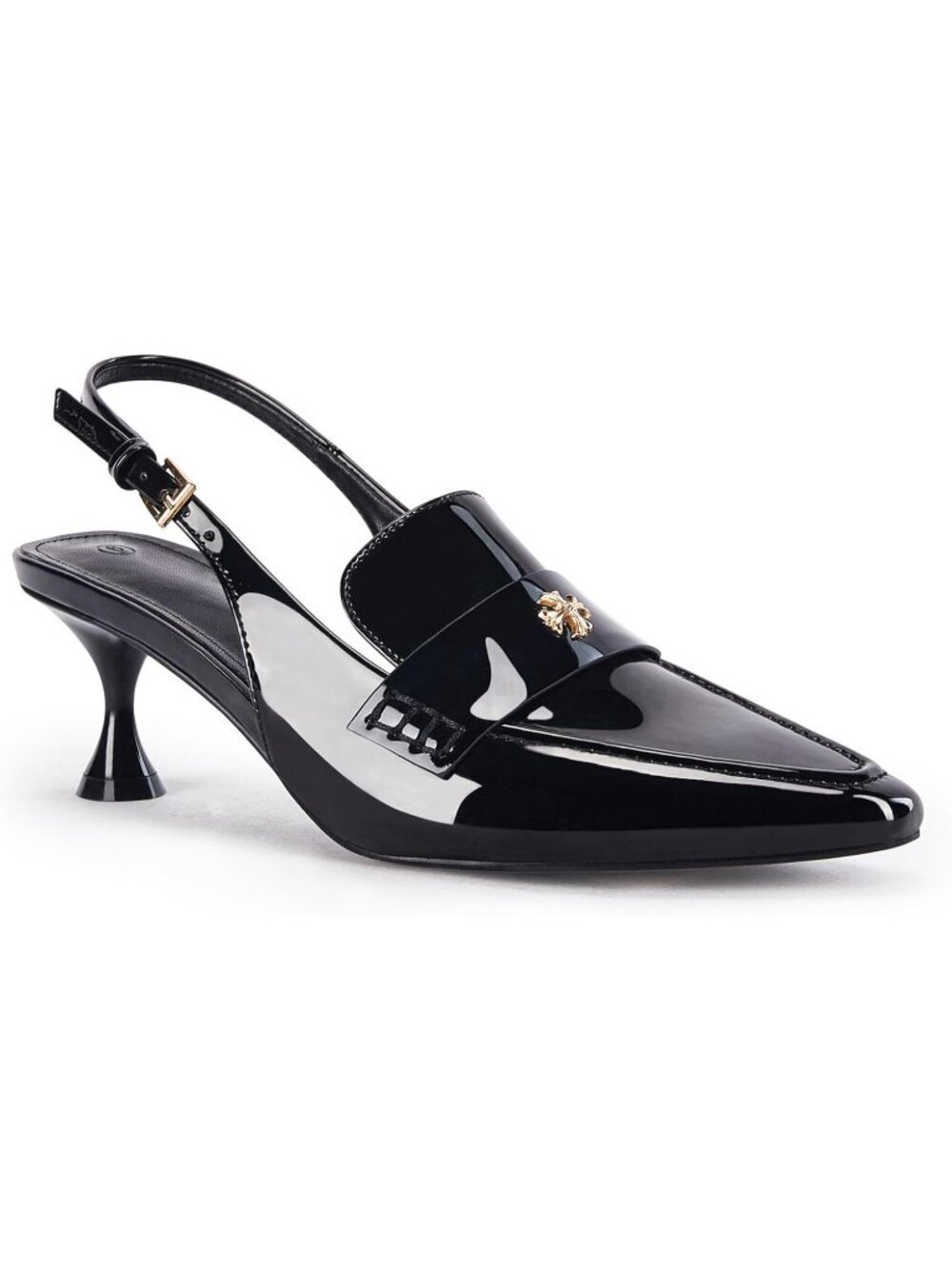 Women's Black Faux Leather Pointed Toe Slip On Ankle Buckle Kitten Heel Pumps